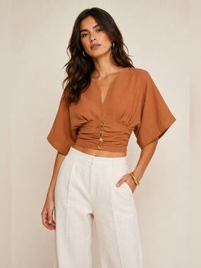 COMMENSE Cotton Linen Kimono Sleeve Button Top